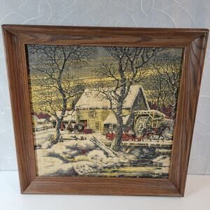 Vintage Kay Dee Colonial‎ Mill Framed Linen 16" Color Hand Printed Winter Art